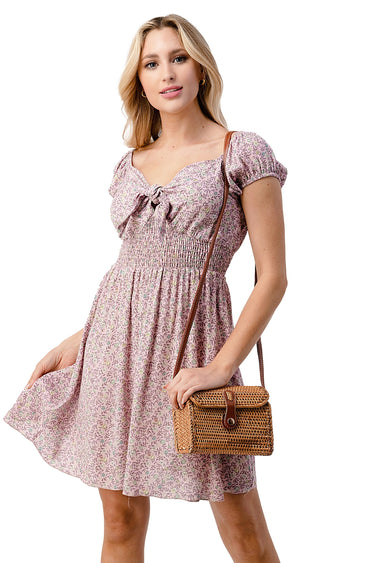 Tie Front Cap Sleeves Floral Mini Dress